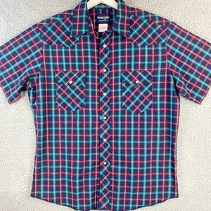 Wrangler Western Shirt‎ Mens Large Blue Red Plaid Pearl Snap Cowboy Ranch Farmer